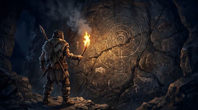 Prehistoric hunter holding a torch exploring ancient cave carvings on a stone wall