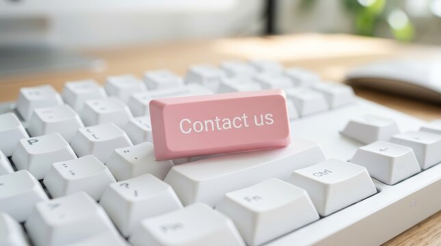 Modern computer keyboard featuring a bright pink Contact Us button.