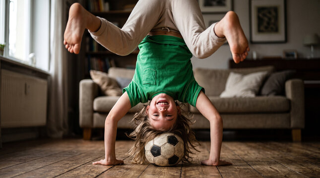 Happy young girl doing a handstand with a soccer ball in her cozy living room at home