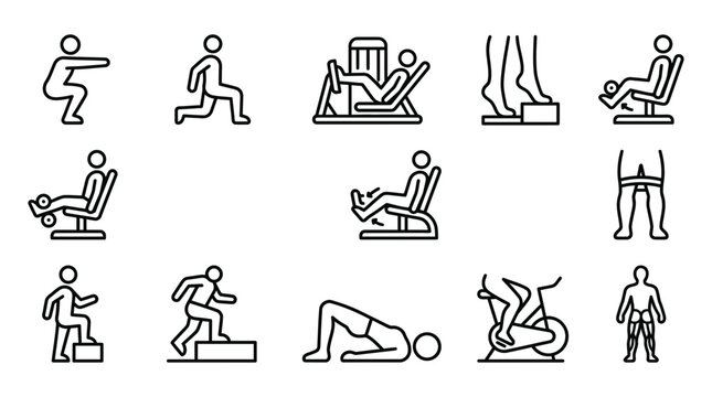 Collection of leg and lower body muscle exercise and gym training equipment line icons with exercise training strength
