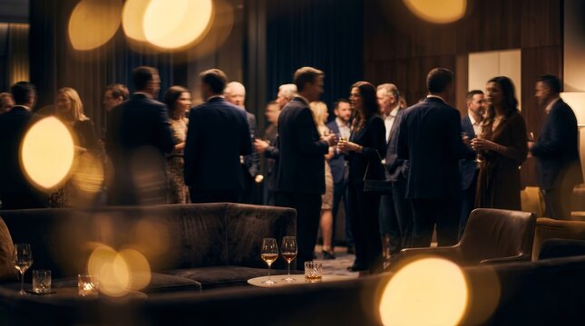Social event in a luxury hotel lounge with golden bokeh lighting and silhouettes.