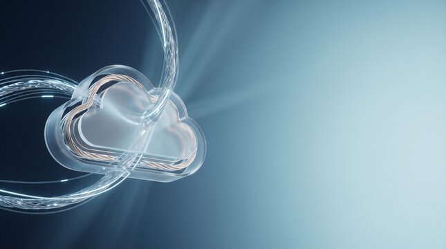 Glass cloud icon with glowing fiber optic data streams on blue gradien