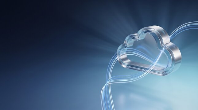 Metallic 3D cloud icon with flowing blue light ribbons on gradient bac