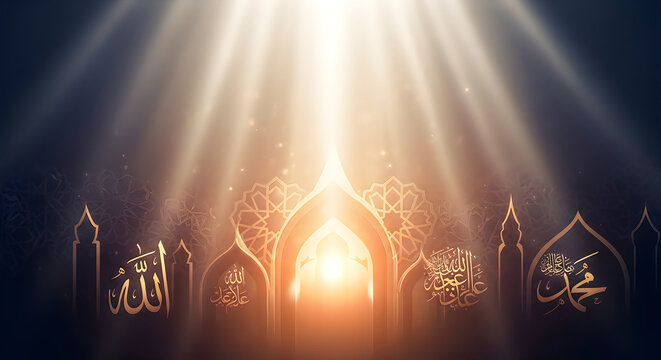 Islamic calligraphy with glowing mosque arch and light rays