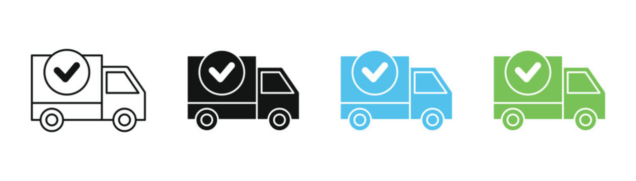 Verified delivery truck and shipping icons. Secure logistics transport and fast courier service symbols