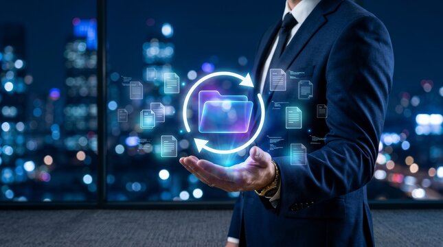 Digital data folder icon with circular arrow and surrounding document icons presented by a professional in a suit.