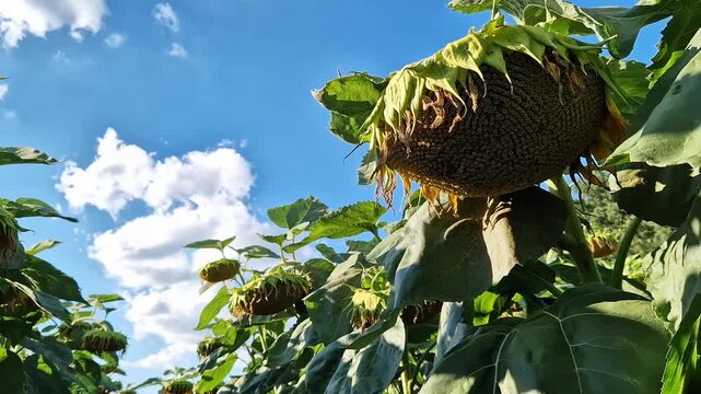 A basket of sunflowers with withering yellow petals, ready to be threshed. Agribusiness, farming, growing oilseeds and producing sunflower oil. Ripe sunflower in the field