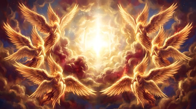 Group of golden seraphim angels with wings flying in heavenly clouds with bright light