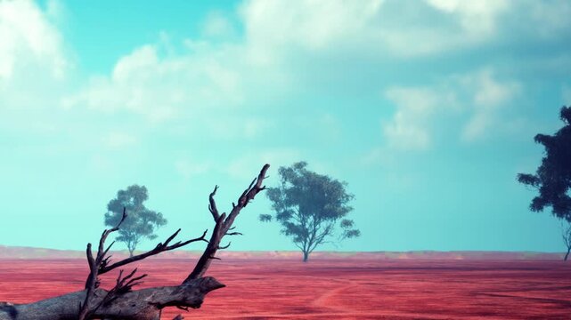 A mesmerizing scene unfolds with a vast red terrain under an expansive blue sky. Sparse trees punctuate the landscape, while a fallen branch adds a touch of natural beauty.