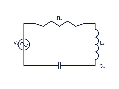 Series RLC circuit diagram with resistor, inductor, capacitor and AC source, electronics education illustration