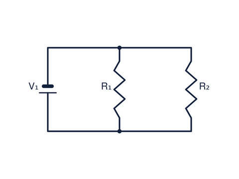Parallel circuit diagram with battery and two resistors, basic electronics education illustration