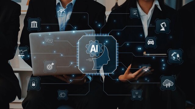 Business professionals engage with technology while examining artificial intelligence data in a modern corporate office, showcasing innovation and digital connections. Raster