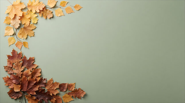 Flat lay composition of colorful autumn leaves arranged in a corner on a soft sage green background