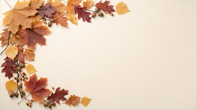 Beautiful autumn background with colorful fallen leaves and acorns arranged in a corner frame on beige