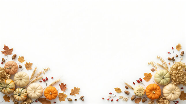 Autumn harvest background with assorted pumpkins dried leaves and berries arranged on a white surface with copy space