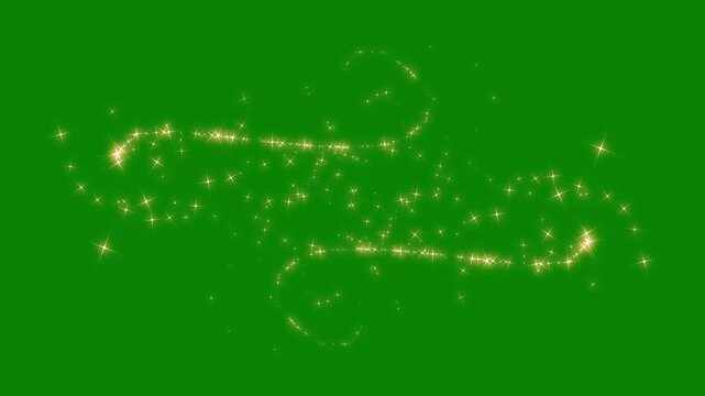 Luxury golden glitter star trail animation with twinkling particle burst magical sparkle dust flow seamless loop overlay, glowing twinkle light flare motion graphics on green screen. 4k