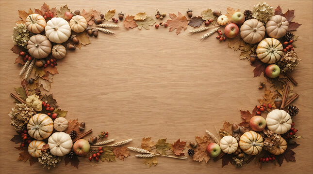 Autumn harvest frame with pumpkins apples and dried leaves on a rustic wooden background with copy space