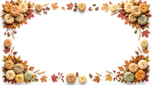 Autumn harvest frame with pumpkins and colorful fall leaves isolated on a white background for seasonal design