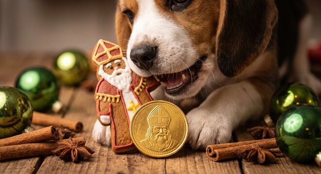 St.Nicholas Day Beagle puppy bites a gingerbread figure on a wooden table with decorations StNicholas Day
