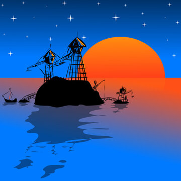 Whimsical retro vector illustration of a small floating fishing village in the middle of the sea, with wooden docks, boats, tiny houses, lanterns and atmospheric evening sky. Charming nautical fantasy