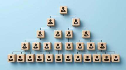 Fototapeta premium A clear organizational chart assembled from wooden blocks depicting company hierarchy.