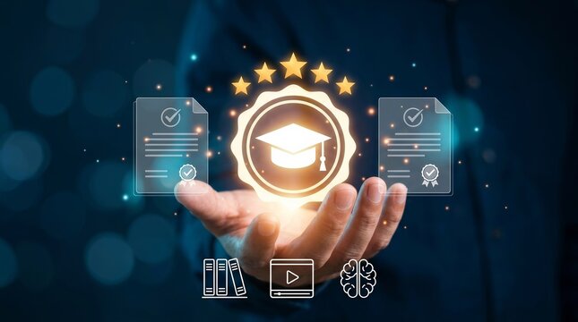 Professional concept of educational achievement with glowing digital certificates and a graduation cap badge.