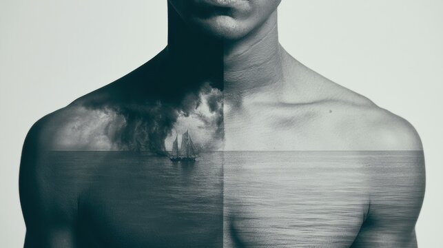 A visual shows a mans chest with a small boat navigating from stormy seas to clear waters. This reflects a journey of growth and change.