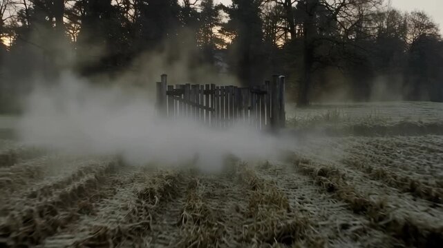 Misty rural field gate scene at dawn.