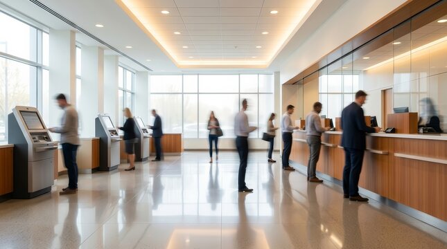 Dynamic and blurred scene of a modern bank lobby featuring self-service kiosks and tellers.