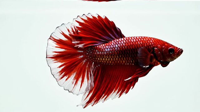 Vibrant red Siamese fighting fish with flowing fins.