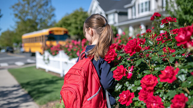 Rear view of a schoolgirl wearing a classic plaid school uniform waiting at a modern glass and steel bus shelter, backpack resting against her legs, face completely out of frame, bright suburban str
