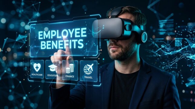 Holographic interface showing employee benefits as a person uses a virtual reality headset.