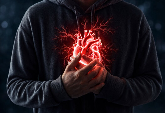 A persons torso is visible with their hands clasped over a glowing red anatomical heart symbol emanating red energy outwards