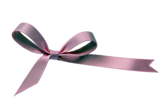 A single elegant pink satin ribbon bow with a long trailing tail isolated on a white background for decorative purposes