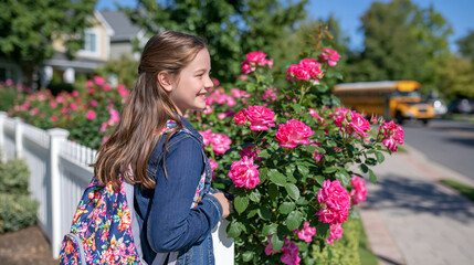 Fototapeta premium Rear view of a young girl carrying a colorful school backpack as she waits for a bright yellow school bus on a peaceful suburban street, face completely cropped out, manicured lawn, traditional pick
