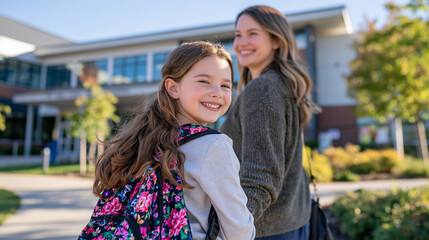 Naklejka premium Rear view of a young schoolgirl and her mother walking hand in hand toward a bright contemporary school building, secure backpack on the child, faceless composition, warm sunlight, clean pavement an