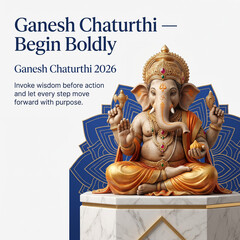 Fototapeta premium Ganesh Chaturthi festival greeting card with Lord Ganesha statue on marble pedestal