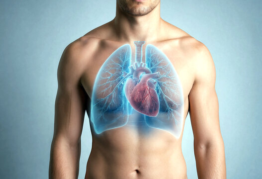 Anatomical illustration of the human circulatory and respiratory systems showing the heart and lungs within the torso of a man against a soft blue background