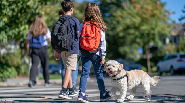 Rear view of children and families crossing a bright city road at a marked crosswalk under the direction of a crossing guard, small dog on a leash walking alongside one family, sunny morning atmosph