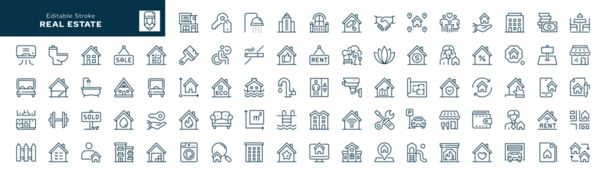 Real estate. Set of outline icons. Buying, selling and renting a house, mortgages, housing loans. Line icon in linear style. Vector collection