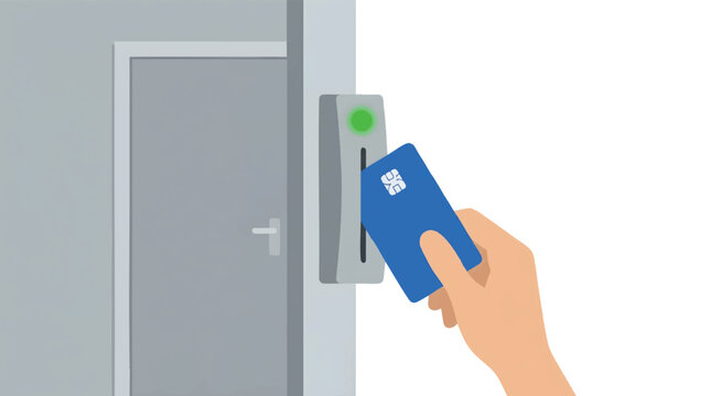 Minimalist vector illustration of a hand holding a blue smart card near a wall reader with green light, concept for secure access control, useful for office security and safety guidelines