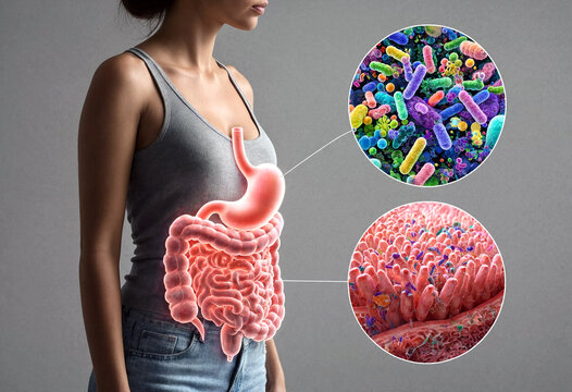 Close up illustration of a human digestive system showing stomach and intestines with magnified views of gut bacteria and intestinal villi inside circular frames