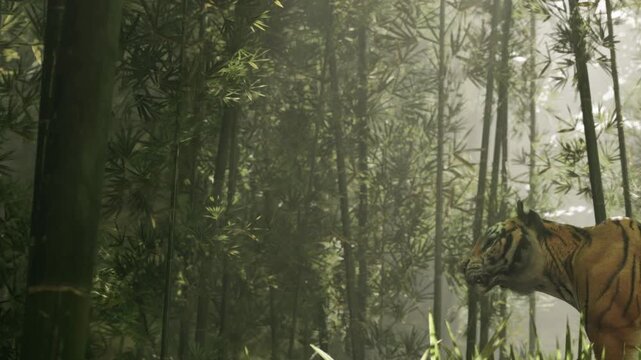 A powerful tiger roams through a vibrant bamboo forest illuminated by soft morning light. The scene captures the beauty of nature and the grace of this magnificent creature.