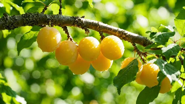 Yellow Mirabelle plums ripening on a sunlit branch.