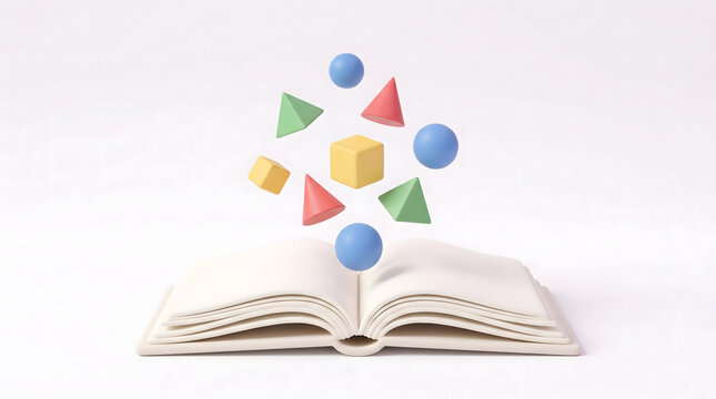 Educational concept open book with floating shapes education learning