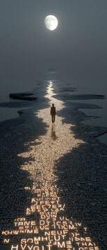  Mid-Autumn homebound mood, letter light path to bright moon, traveler silhouette returning home, moon brighter over hometown, homesickness romantic poetic festival poster commercial asset