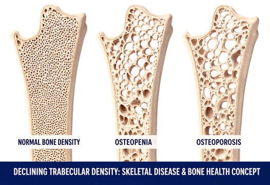 Comparison of normal bone density osteopenia and osteoporosis trabecular bone structure illustration showing progressive bone loss and thinning