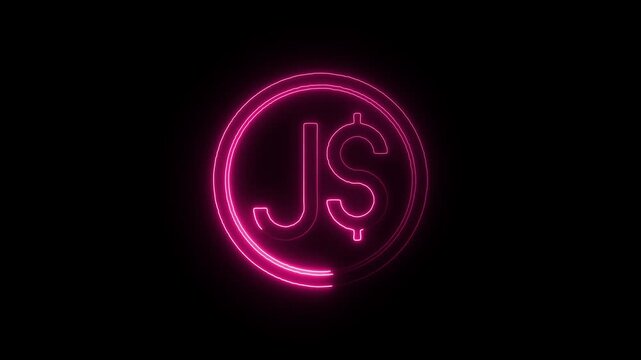 Flicker neon vedio pink neon js symbol inside a circular border a glowing outline of the letters js combined with dollar sign enclosed in ring against