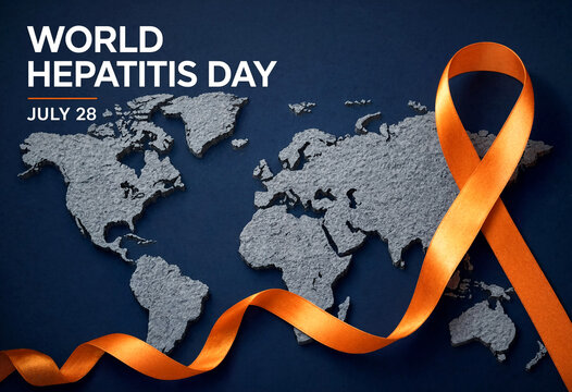 World Hepatitis Day July 28 Awareness Symbol Orange Ribbon Across Textured Global Map Illustration Background