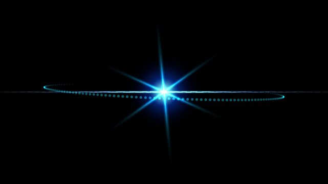 Glowing blue starburst light streak with orbiting particles on black background abstract technology science motion